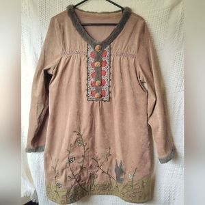Sacred Threads Faux Suede Tunic Dress, Pockets Embroidered Applique Crochet